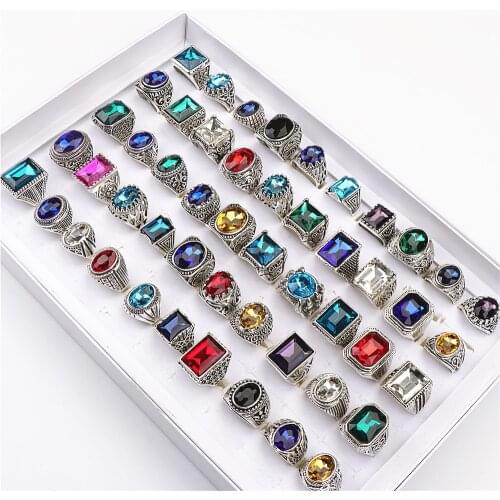 20pcs/lot Vintage Metal Silver Plated Imitation Gemstone Jewelry Rings for Women Men Rings Wholesale Bulk Lots