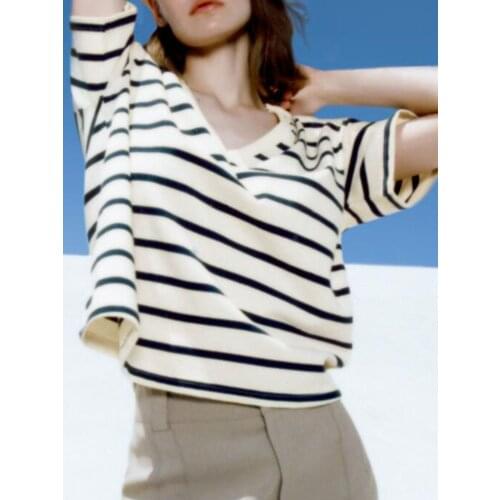 ZA summer new womens clothing sweet and versatile short-sleeved V-neck loose striped T-shirt