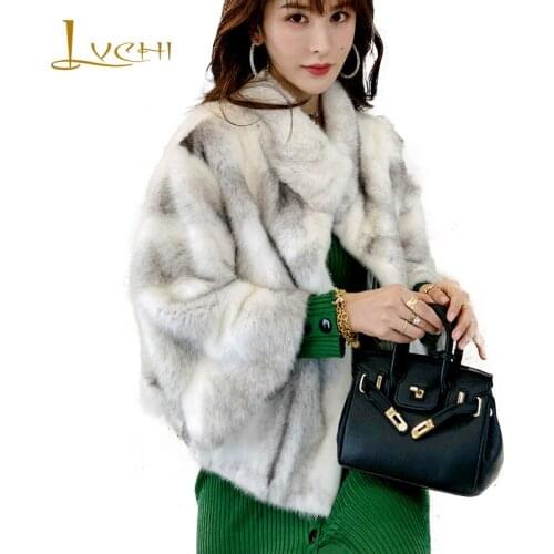 LVCHI 2019 Winter Import Mink Fur Coat Real Fur Coat Women Mandain Collar Flare Three Quarter Sleeve Sliver Cross Mink Fur Coats