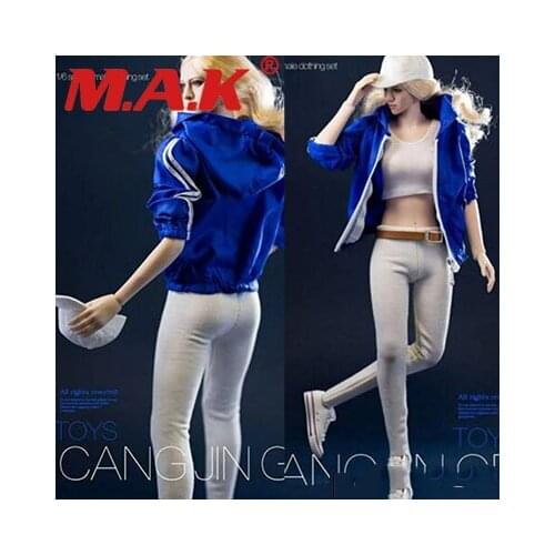 1:6 Female Soldier Clothes Suit Blue Sportswear Jacket White Jeans F Figure Toys