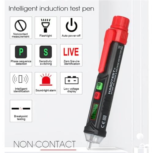 HABOTEST HT100P Noncontact Test Pencil Voltage Tester AC Phase&Voltage Detector with Sound and Light Alarm Pen-type Electroscope