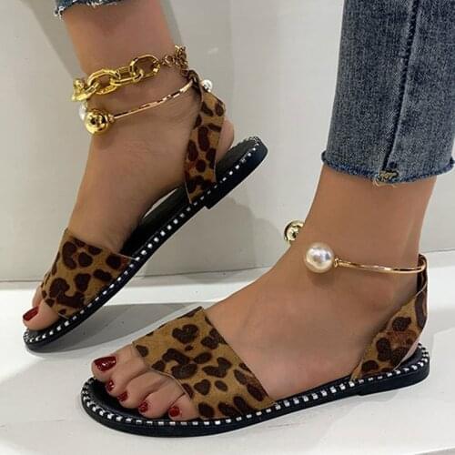 Beaded Pearly Sandals women Slippers Shoes Ladies Zebra Leopard Flats Sandals Flip Flop Casual Flat Slingback Sandals women