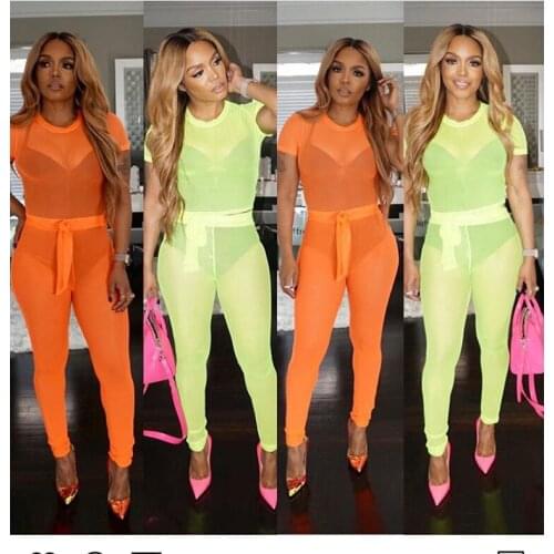 BKLD Neon Yellow Orange Two Piece Set Short Sleeve O-neck T-shirt And Long Pencil Pants Women Sexy Sheer Mesh Night Club Outfits