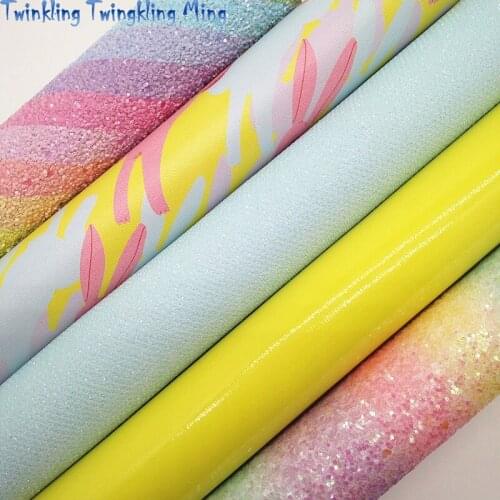 Rainbow Stripes Glitter leather, Stripes Printed Faux Leather, Patent Synthetic Leather For Bow A4 21x29CM Twinkling Ming KM188