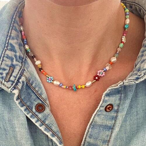 Hand Bohemian Stained Glass Rice Bead Necklace Natural Pearl Womens Short Necklace Charm Jewelry Handmade Christmas Gift Girl