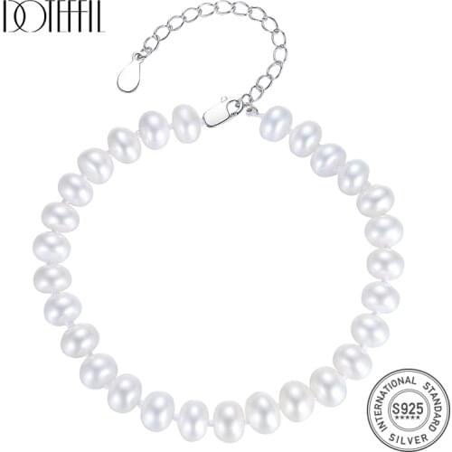 DOTEFFIL Genuine Natural Freshwater Pearl Bracelets Bangles For Women 7-8MM Pearl 925 Silver Pearl-clasps Wedding Jewelry Gift