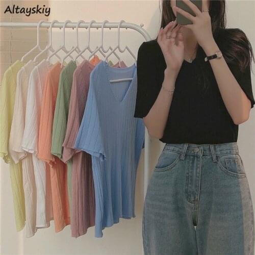 T-Shirts Women V-Neck Fashion Summer Sexy Female Tops All-match New Harajuku Slim Vintage Ulzzang Elegant Chic Ins Popular Cozy