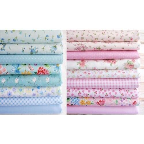 Pretty Mixed 17 Designs Blue & Pink Flowers Leaf Dot Printed 100% cotton twill cotton Fabric Bundle