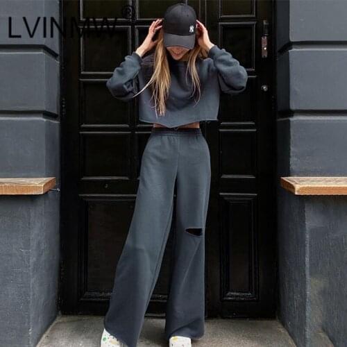LVINMW Pants Sets Fashion Casual Loose Solid Daily Women Suit O Neck Long Sleeve Navel Hoodie Elastic Waist Hole Pockets Bottom