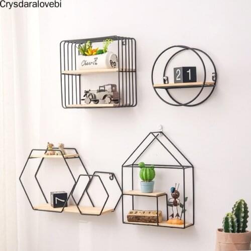 Metal Iron Wooden Storage Rack Multi Shape Storage Holders Black/Gold Nordic Wall Shelf DIY Home Decor