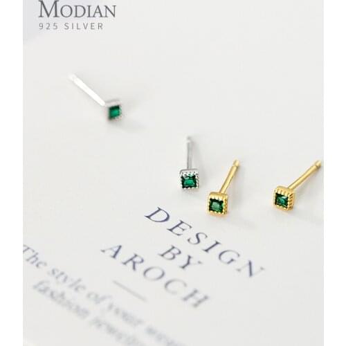 Modian Real 100% 925 Sterling Silver Green Square Crystal Stud Earrings for Women Wedding Small Earring Engagement Lover Jewelry