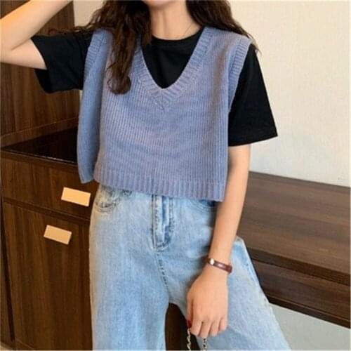 Fashion Women Sleeveless Pullover 2020 Korean Style Casual Oversized V Neck Knitted Sweater Vest Cute Short Tank Tops Waistcoat