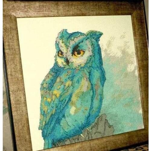 FF MM Cross stitch kits Chic Counted Cross Stitch Kit Owl in Blue Green Color Glare Gaze Gazing Eye