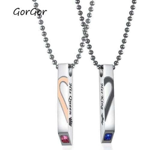GorGor New Arrivals Love Heart Stitching Titanium Steel Couple Necklace with Rhinestones Jewelry Gift 1375