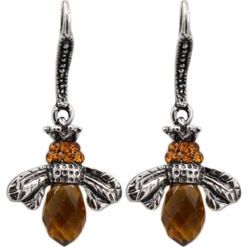 New Vintage Silver Yellow Crystal Bee Earring Cute Honey Bee Earring For Women Girls Wedding Party Gifts Jewelry