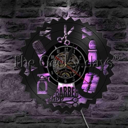 Barber Shop Hairdresser Tools LED Hanging Light Grooming Beauty Salon Modern Wall Light Vinyl Record Wall Clock