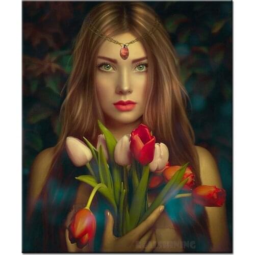Full drills diamond embroidery Pretty girl with tulip flowers diamond art 3d picture diamond painting mosaic rhinestones