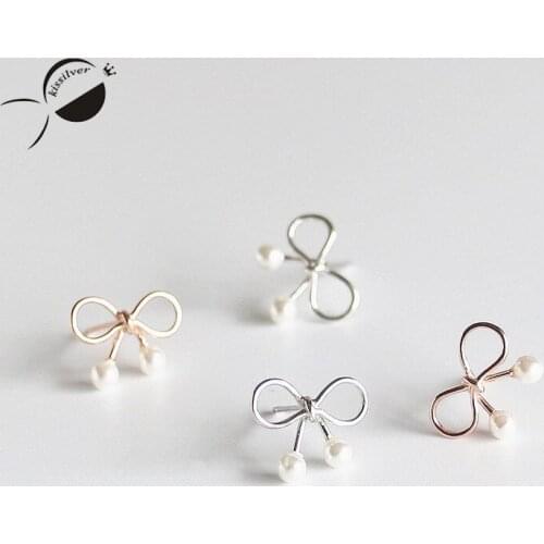 Kissilver pearl earrings geometry cute knot solid pierced rose gold color S925 pure nail ear button personalized earrings 2018