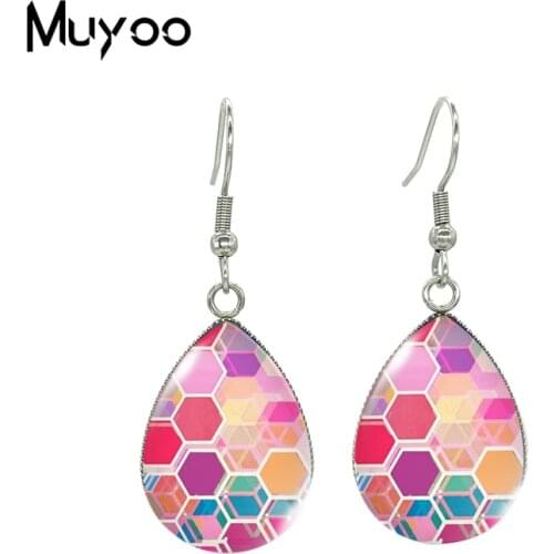 2021 New Rainbow Honeycomb Tear drop Earring Colorful Hexagon Pattern Fish hook Earrings Glass Cabochon Jewelry Handmade Items
