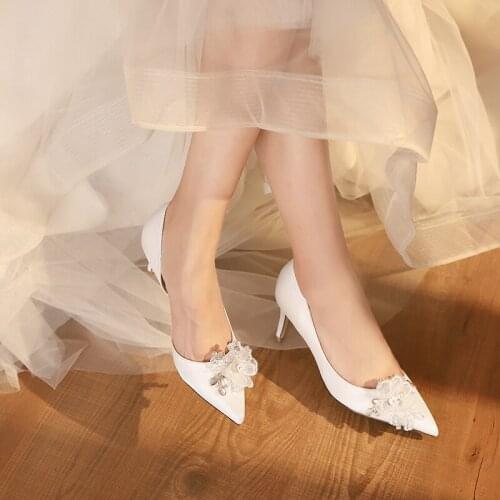 Spring new white stiletto satin bridal wedding shoes banquet dress all-match daily pointed fashion female sandals
