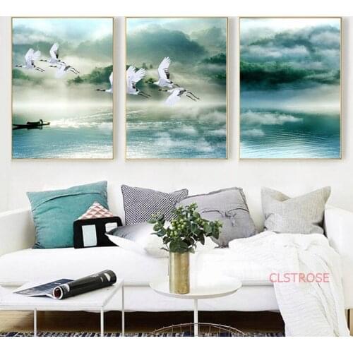 Nordic Minimalist Landscape Poster Fog Forest Bird Nature Scenery Canvas Painting Modular Art Wall Pictures For Living Room