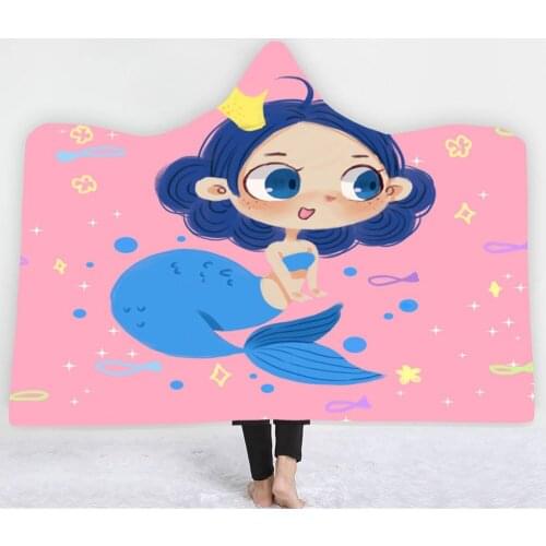 Fairy Tale Mermaid Girl Hooded Blanket 3D Printed Home Wool Blanket Nap Office Blanket for Children and Adults To Wear