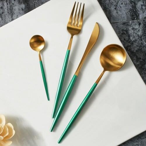 Green Cutlery Stainless Steel Dinner Set Dinner Knives Fork Spoon Teaspoon Dessert Butter Knife Dinnerware Kitchen Tableware