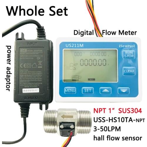 US211M Digital Water Flow Meter & SUS304 Stainless Steel NPT 1" USS-HS10TA 3-50L/min Hall Water Flow Sensor Reader Dijiang iSent
