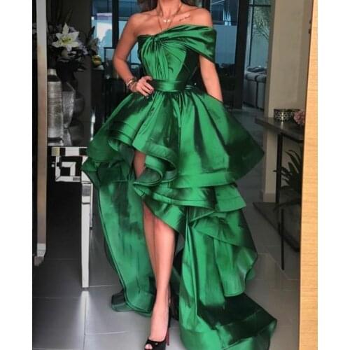 Vintage Long Green Taffeta Evening Dresses One Shoulder Tiered Floor Length Zipper Back Pleated Formal Party Dress for Women