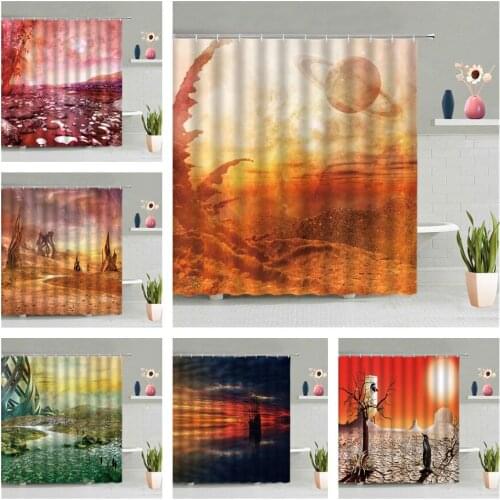 Universe Planet Shower Curtain Sunset Dusk Land Scenery Bathroom Screen Decor Waterproof With Hooks Wall Hanging Curtains Set