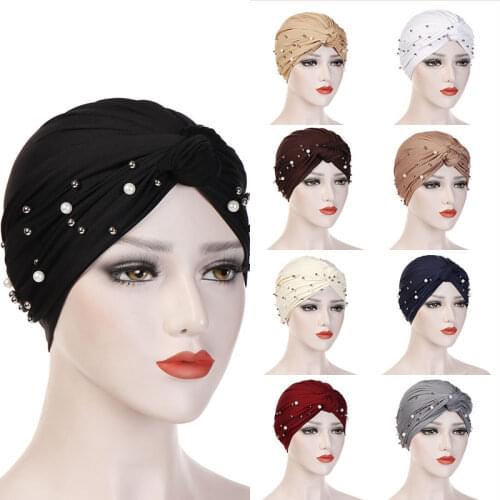 Cross Twist Inner Hijab Caps for Women Fashion Elegant Beaded Muslim Head Wrap Cover Femme Indian Chemo Cap Elastic Turban Hat