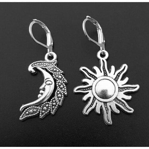 Sun and Moon Dangle Hoop Women Earrings Asymmetrical Celestial Drop Earrings Gift for Lovers