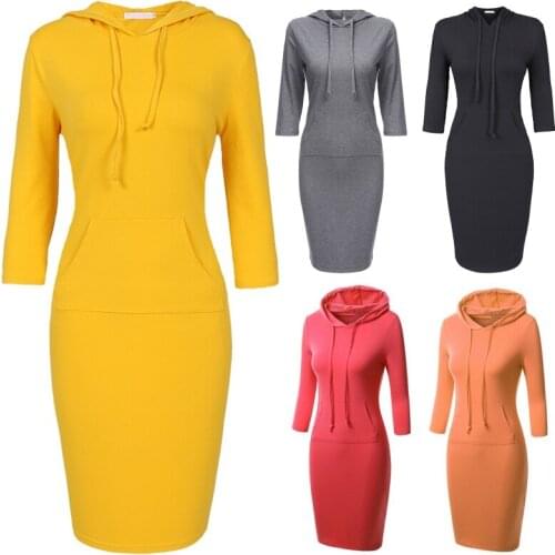 Women 3/4 Sleeves Simple Solid Color Mid Hoodie Dress Kangaroo Pocket Slim Fit Knee Length Casual Pullover Sweatshirt