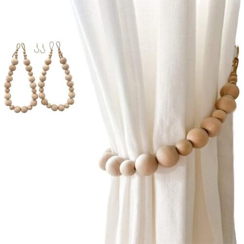 2Pcs Curtain Tiebacks Natural Wood Beads Tie Backs Drape Farmhouse Garland Curtain Holders Window Boho Decor Accessories