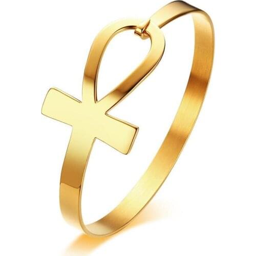 Ankh Cross Bracelet for Women Stainless Steel Key of Life Bangle Bracelet Female Egypt Religious Jewelry 2.3" Diameter