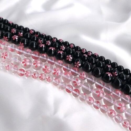 5pieces loose beads white crystal/black agate round pink cherry blossom for DIY jewelry making FPPJ wholesale nature