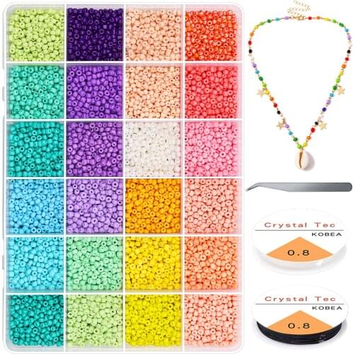 24Colors 2/3/4mm Small Czech Glass Seed Beads for DIY Bracelet Necklace Crafting Jewelry Making with Elastic String and Tweezer