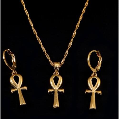 Egyptian Ankh Cross Jewelry Set Women Gold Color Girls Egypt Hieroglyphs Crux Ansata Charms Jewelry