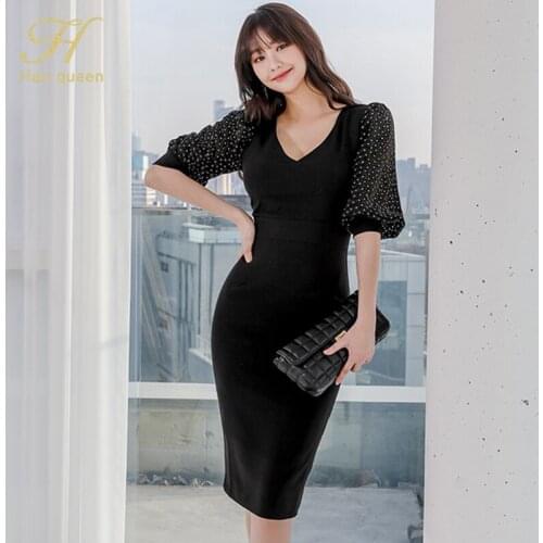 H Han Queen New 2021 Spring V-neck Lantern Sleeve Polka Dot Print Black Pencil Dress Women OL Work Party Sheath Bodycon Dresses