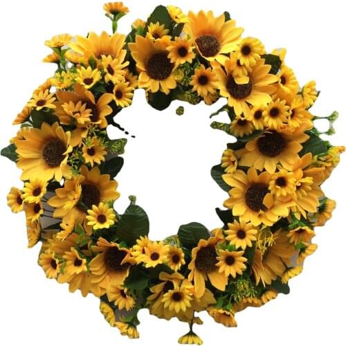 Artificial Sunflower Summer Wreath - 16 Inch Decorative Fake Flower Wreath with Yellow Sunflower and Green Leaves for Front Door