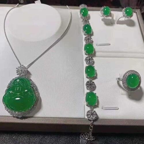 Natural jade S925 silver smile Buddha Pendant Bracelet Ring Earrings four piece suit