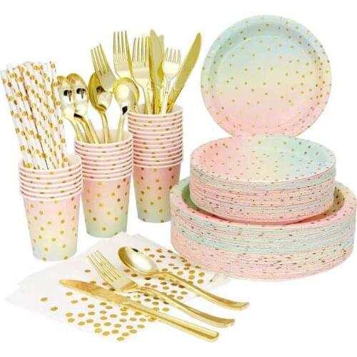 Colorful Disposable Tablewares Bronzing Gold Dots Colorful Paper Cups Plates Tablecloths Tableware for Baby Shower Party Decor