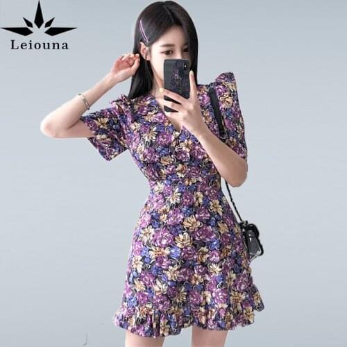 Leiouna V-Neck Summer Elegant Sweet Large Size Casual All-Match Print Loose Vintage Short Sleeves Ruffles Fresh Mini Dress