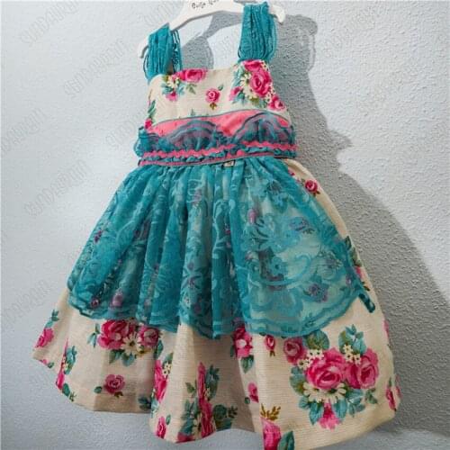 Baby girl summer vintage Spanish lolita floral princess dress kids spaghetti strap lace stitching ball gown dress