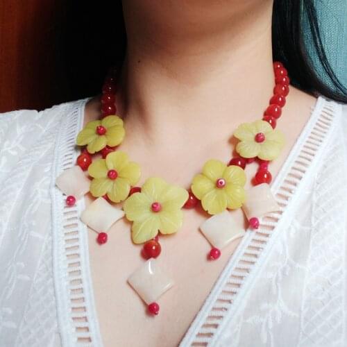 Lii Ji Korea Jades Flowers Statement Necklace 49cmTassels Agates Red Jade Yellow jade Big Necklace for Women Party Jewelry