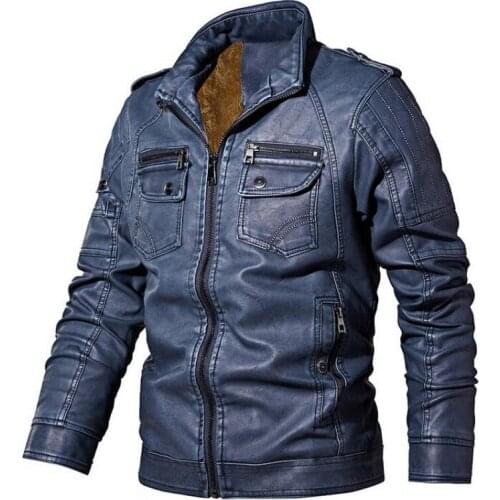 Men Warm Vintage PU Leather Jacket Men Velvet Leather Coat Fleece Warm Winter Retro Faux Leather Coat