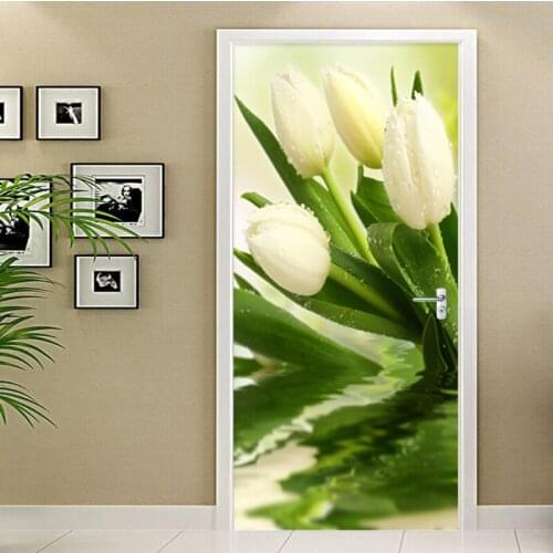 Door Sticker Modern Plant Tulips Flower Wallpaper Living Room Bedroom Home Decor Wall Decals PVC Self-Adhesive 3D Murals Paste