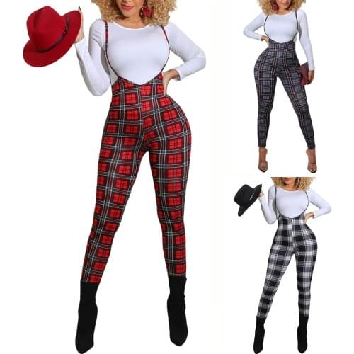 2021 New Female Suspender Trousers Women s Plaid High Waist Pants Jumpsuit for Spring Fall Red/Black/Blue Gray
