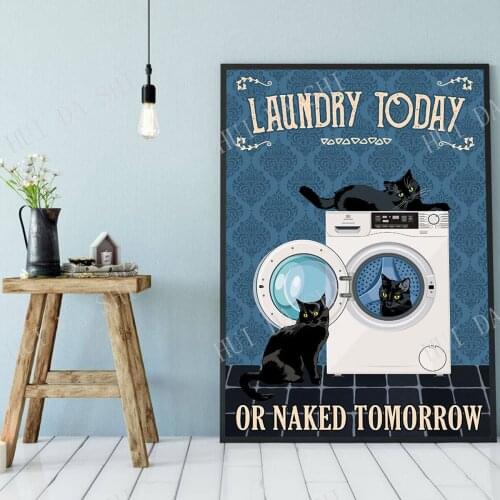 Laundry Today Or Naked Tomorrow Poster, Black Cat Art Print, Washing Machine Art, Vintage Poster, Quick To Ship