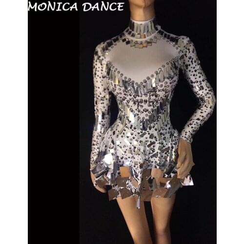 Stage Sparkly Silver Sequins Bodysuit Dress Rhinestone Costume Women Birthday Celebrate Party Leotard Female Performance Outfit